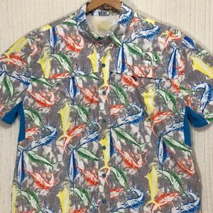 Marlin Fishing Shirt Button Down Short Sleeve‎ Novelty Print Gray Multicolor